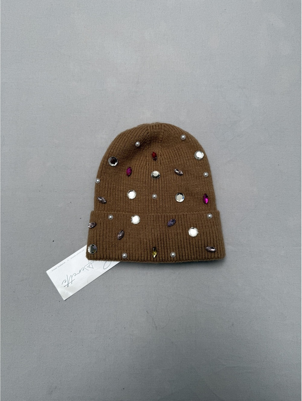 Babette Light Brown Rhinestone Winter Fold Beanie Jeweled